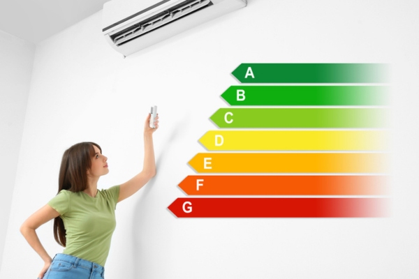 Woman turning on ductless HVAC with energy efficiency meter