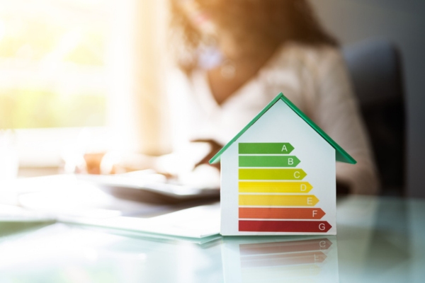 woman computing SEER rating with a miniature house in front and an energy efficient chart