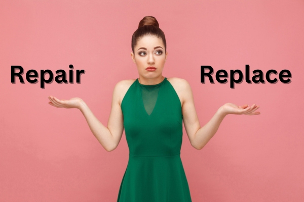 woman holding hands on different sides asking to repair or replace furnace