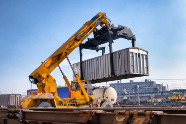 Crane lifts a container loading a train depicting commercial fuel