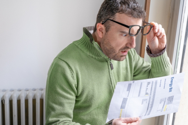 man looking surprised while checking energy bill depicting depicting signs of leaking HVAC ductwork